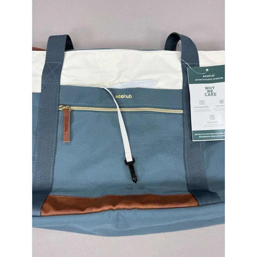 ECOHUB Tote‎ Bag Women Blue Beige Pockets Recycle Medium Canvas Travel Zip Work